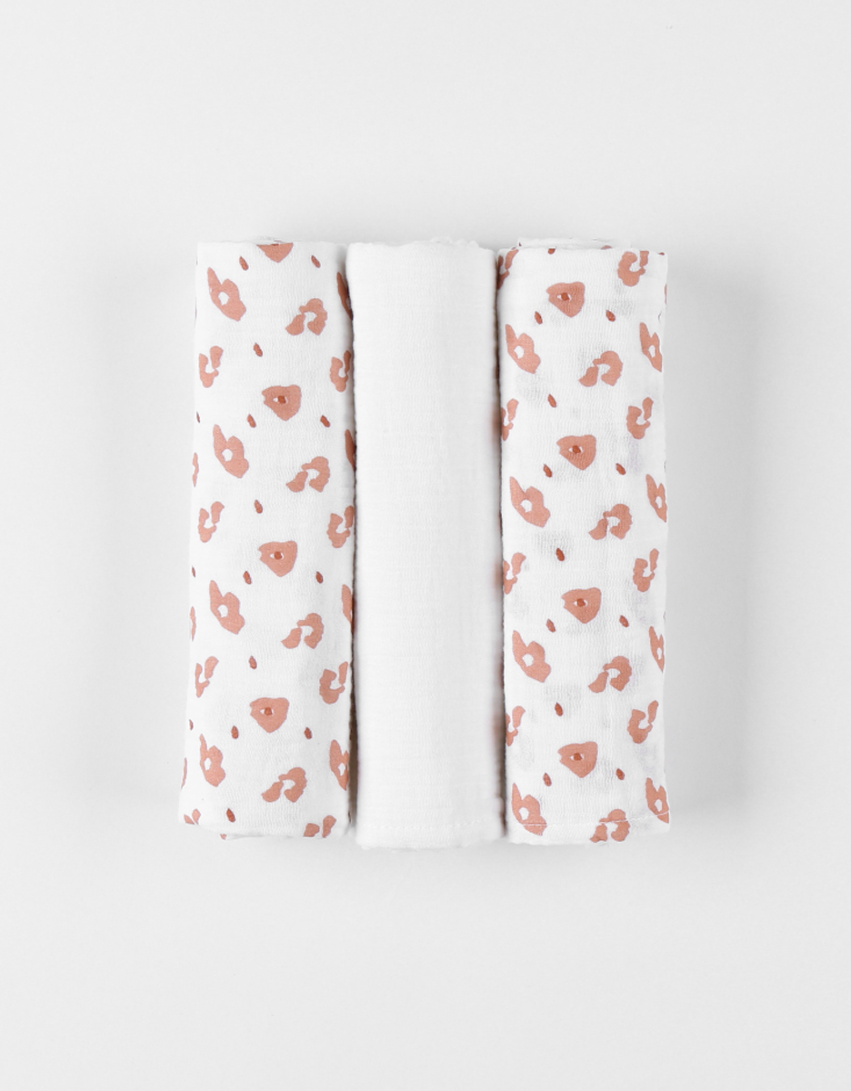 Lot de 3 langes en mousseline de coton 70x70, blanc/terracotta
