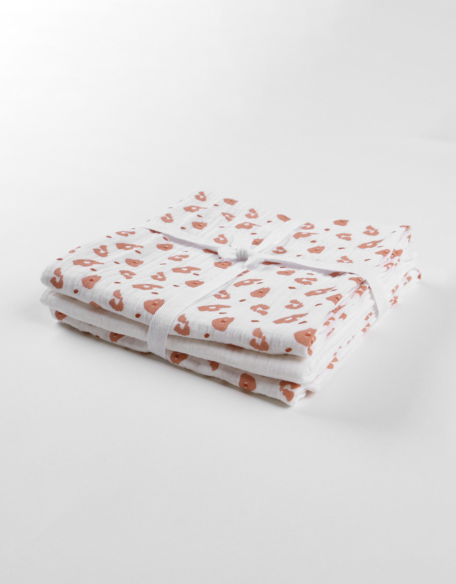 Lot de 3 langes en mousseline de coton 70x70, blanc/terracotta
