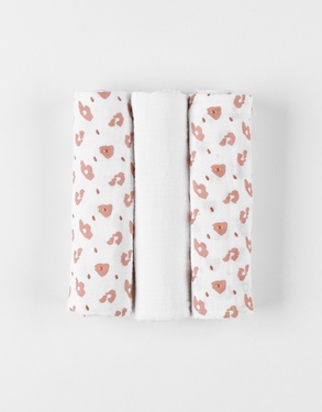 Lot de 3 langes en mousseline de coton 70x70, blanc/terracotta