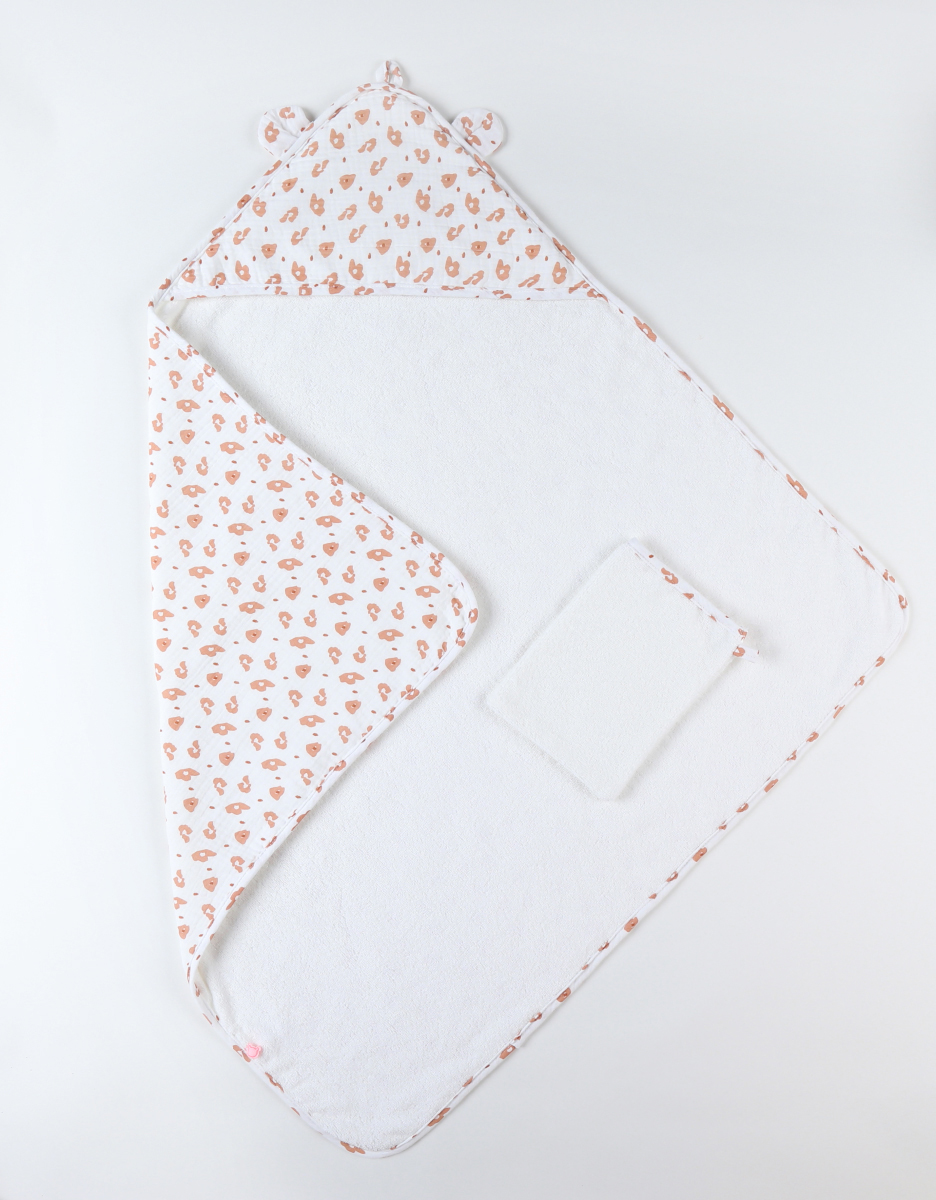 Luipaardprint badset uit badstof en mousseline, ecru/terracotta
