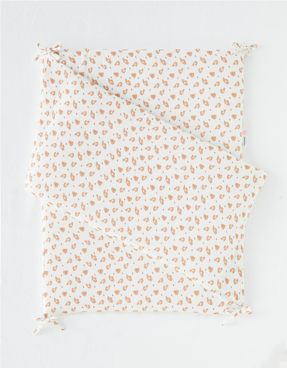 Cotton muslin leopard print bed bumper, off-white/terracotta