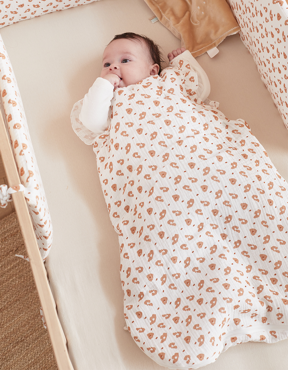 Padded muslin leopard print 100 cm sleeping bag, off-white/terracotta