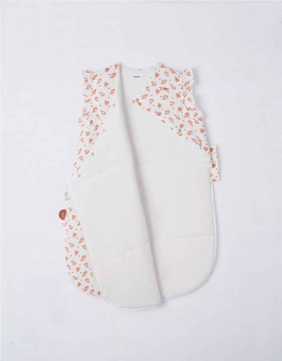 Padded muslin leopard print 70 cm sleeping bag, off-white/terracotta