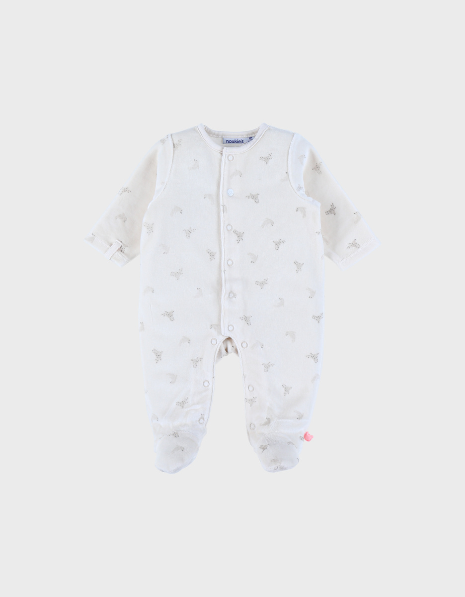 Ivoorkleurige babypyjama met zeehondenprint in fluweel
