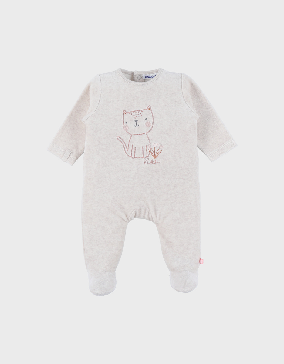 Baby pyjama van velours met beige katje
