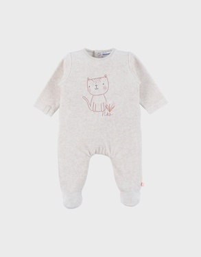 Baby pyjama van velours met beige katje
