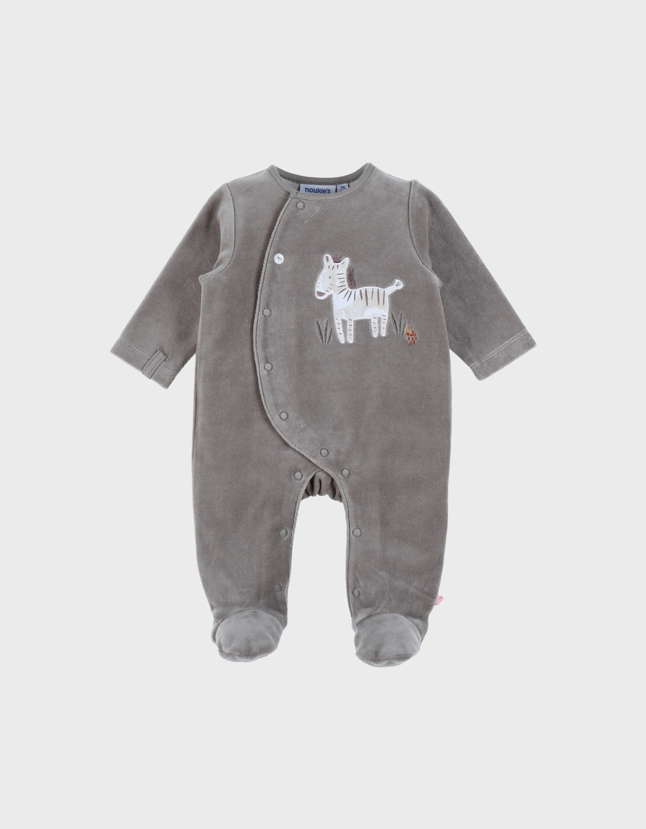 Kaki babypyjama met zebraborduursel in fluweel
