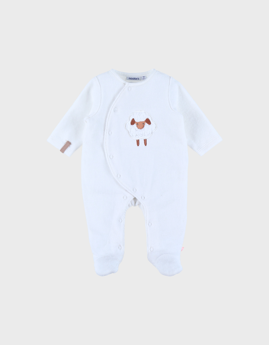 Witte babypyjama met schapenborduursel in fluweel
