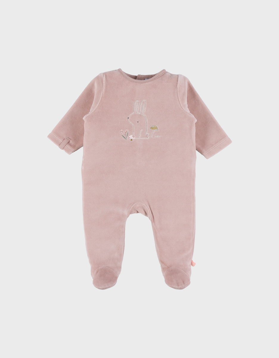 Baby velour sleepsuit with pink bunny detail

