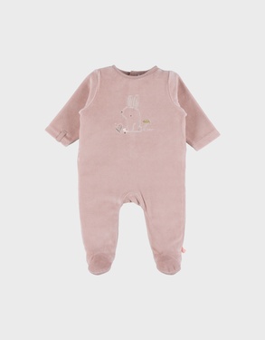 Baby velour sleepsuit with pink bunny detail
