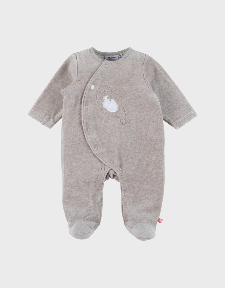 Beige baby pyjama with seal embroidery in velvet
