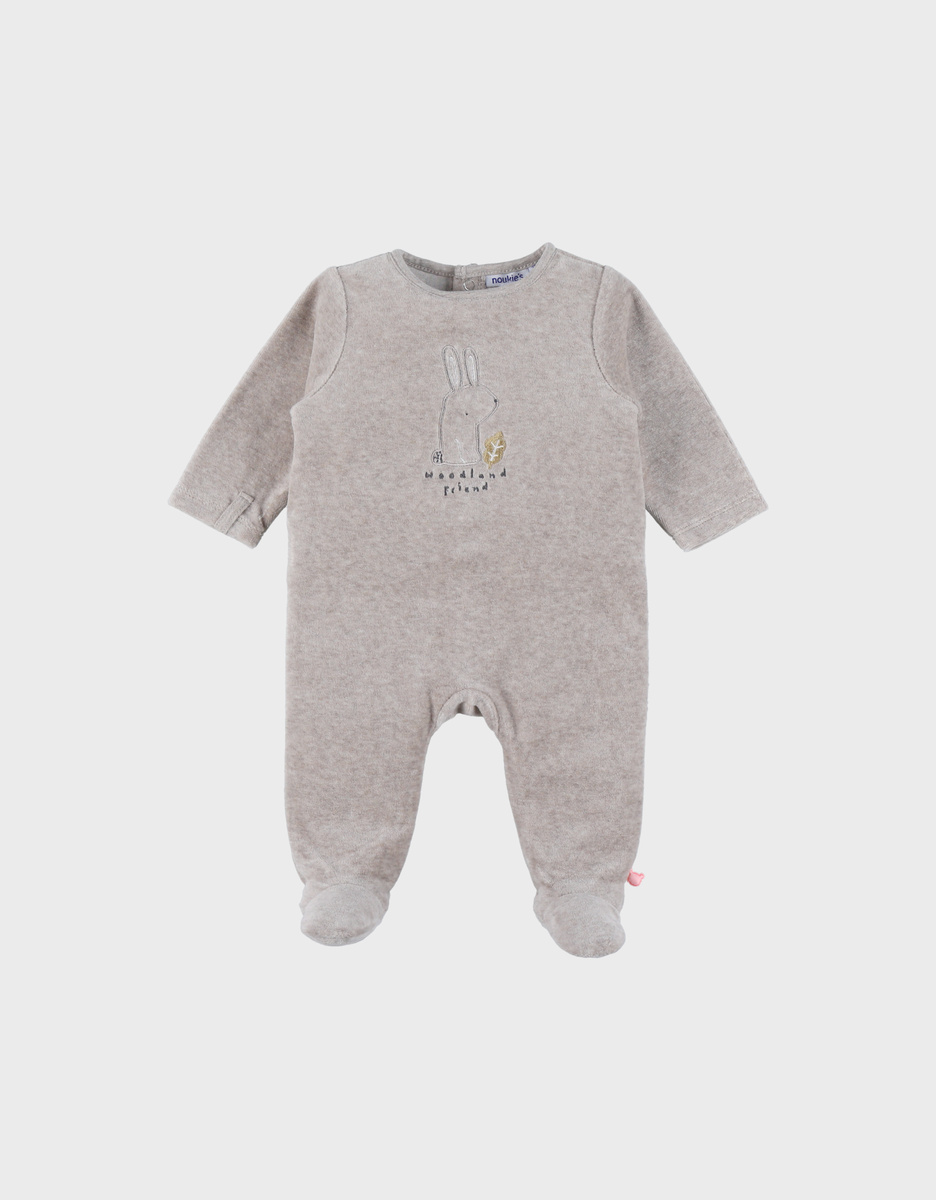 Baby beige velour sleepsuit with bunny detail
