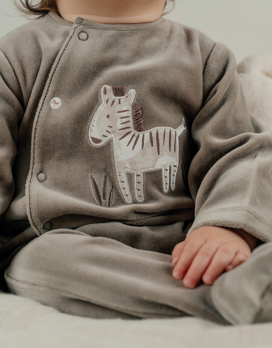Khaki baby pyjama with zebra embroidery in velvet

