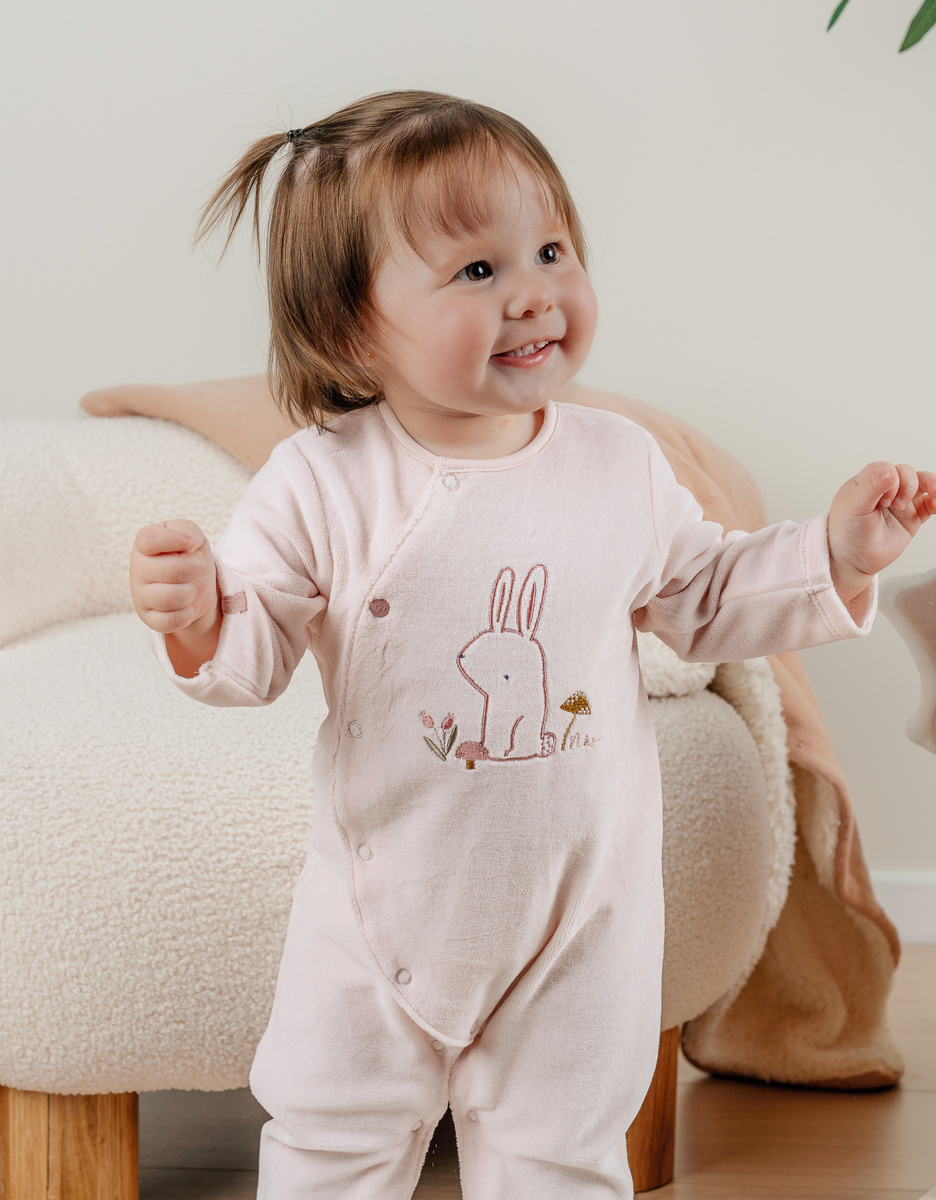 Pink velour baby pyjamas with bunny embroidery

