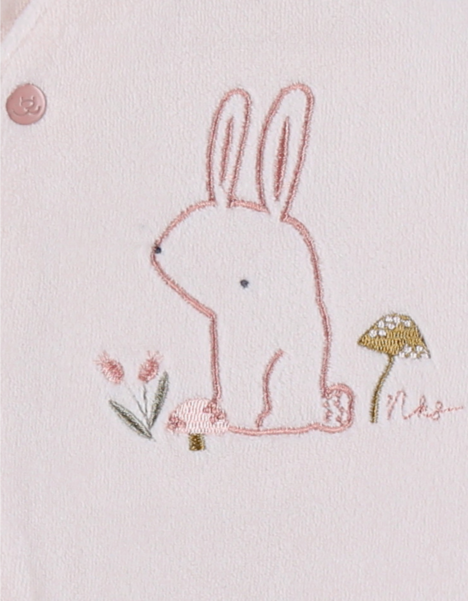 Pink velour baby pyjamas with bunny embroidery
