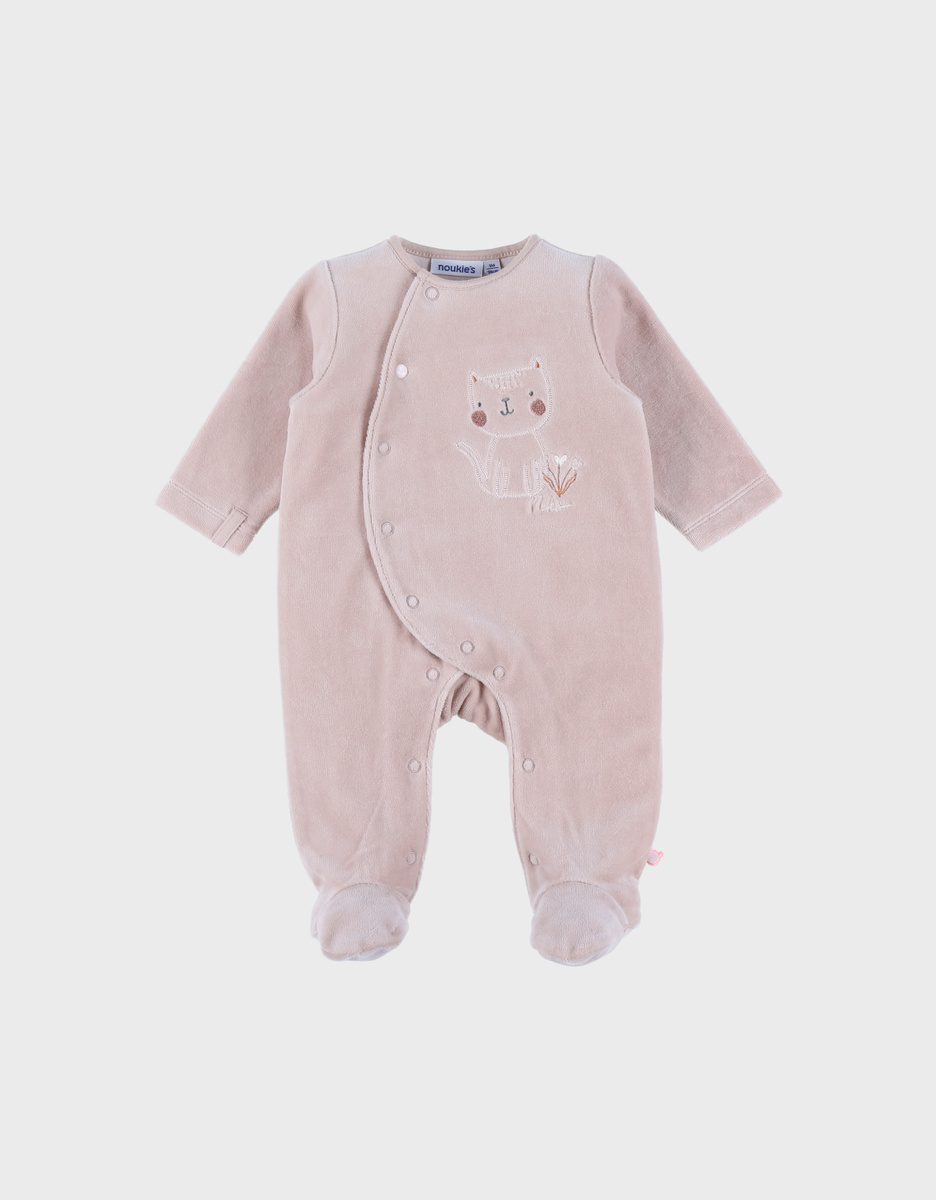 Pink velour baby pyjamas with cat embroidery
