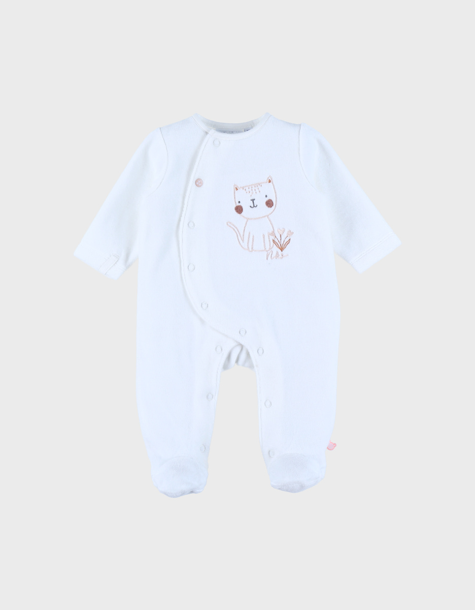 Velour baby pyjamas with cat embroidery

