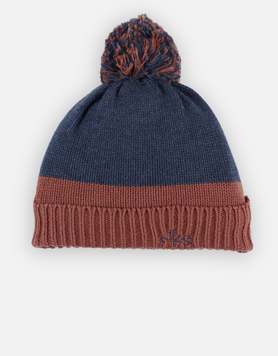 Tricoloudoux muts met pompom, caramel/donkerblauw