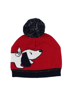 Knitted raspberry and navy blue beanie