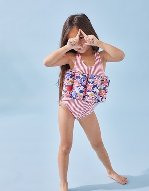 Striped buoyancy swimsuit red and flowers
