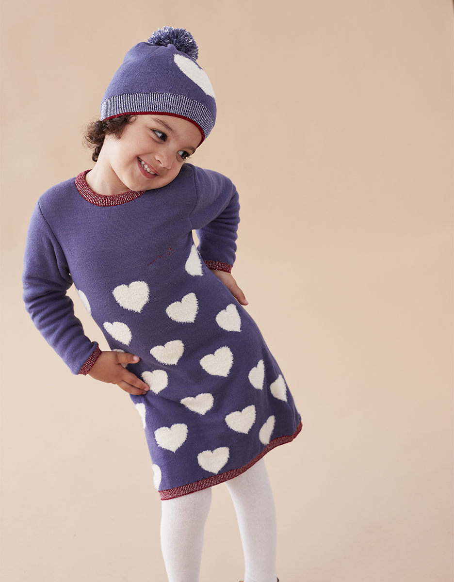 Knitted dress with hearts, navy and off-white