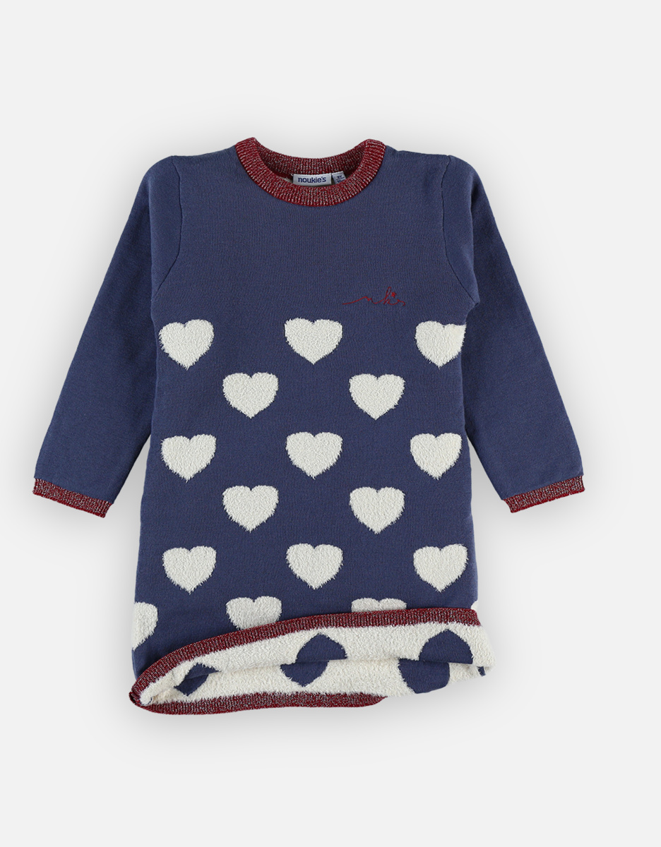 Knitted dress with hearts, navy and off-white