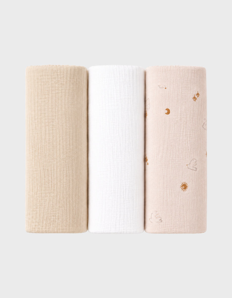 Set of 3 swaddles 70x70cm, muslin