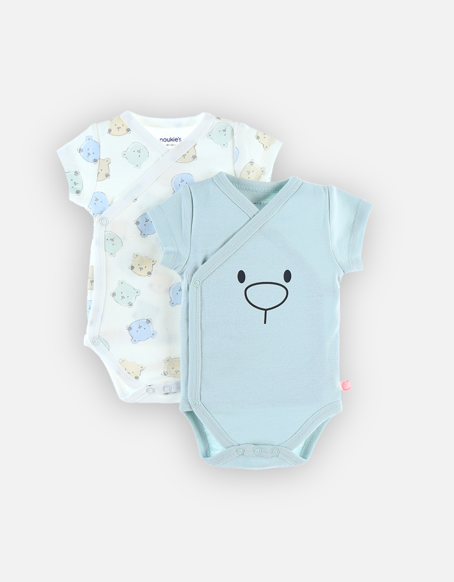 Set with 2 iconic crossover short-sleeved bodysuits, light blue/off-white