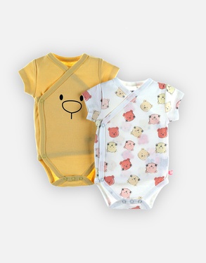 Set with 2 iconic crossover short-sleeved bodysuits, yellow/off-white