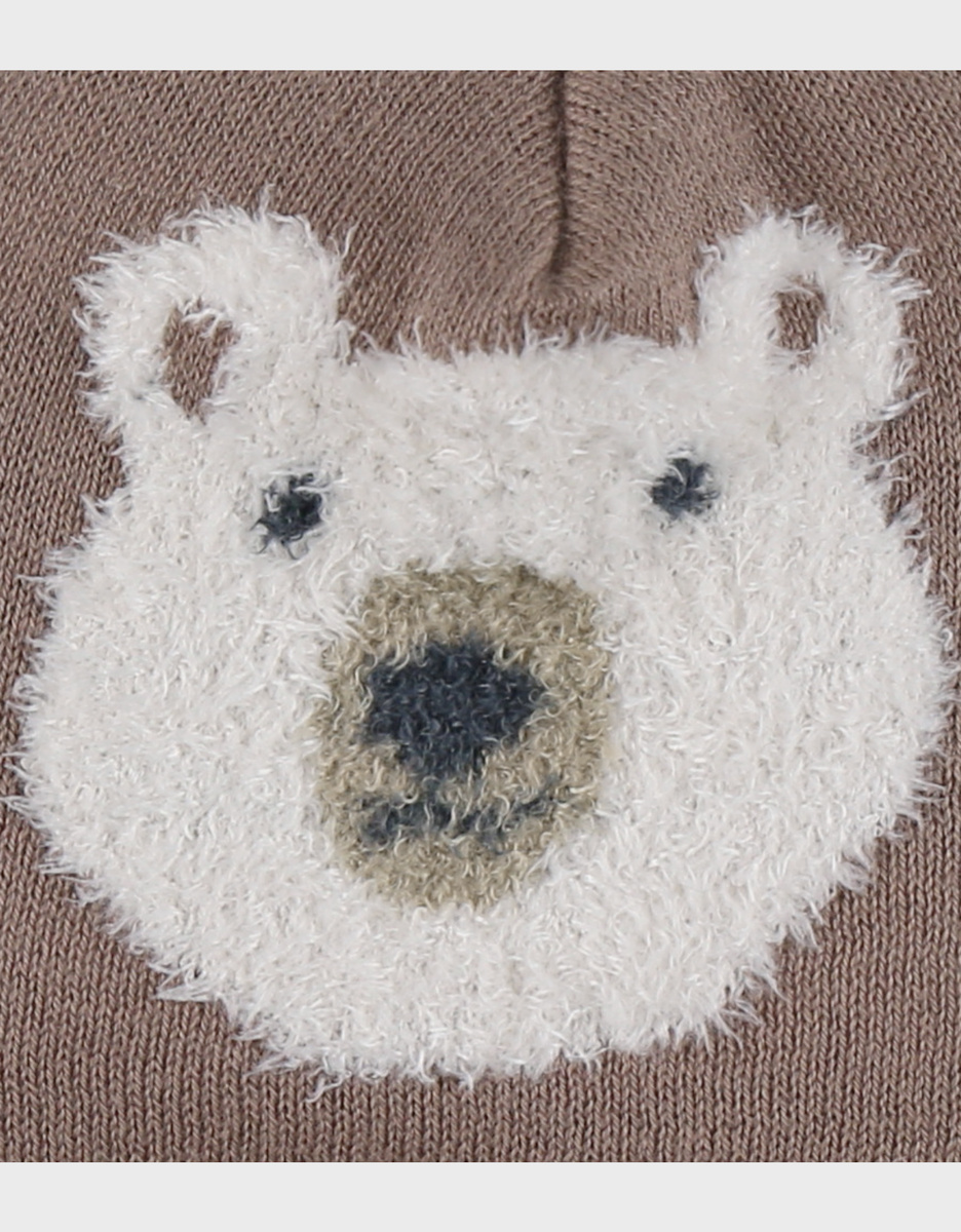 Brown knit hat with bear design
