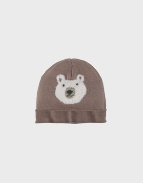 Brown knit hat with bear design
