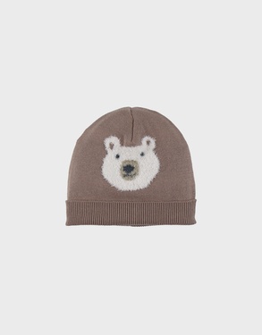 Brown knit hat with bear design
