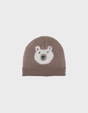 Bonnet en tricot marron avec motif ours