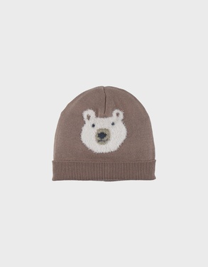 Brown knit hat with bear design

