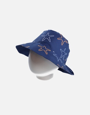 Reversible hat with star fish print, navy blue/orange