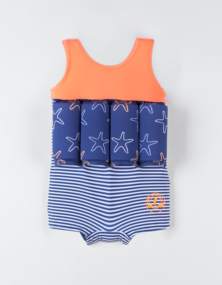Floating suit with star fish print, navy/orange