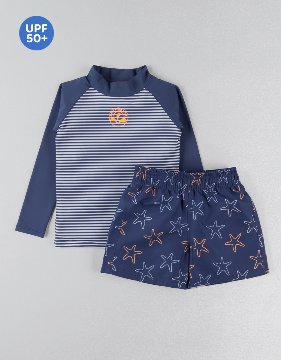 Anti-UV set met zeesterrenprint, donkerblauw/oranje
