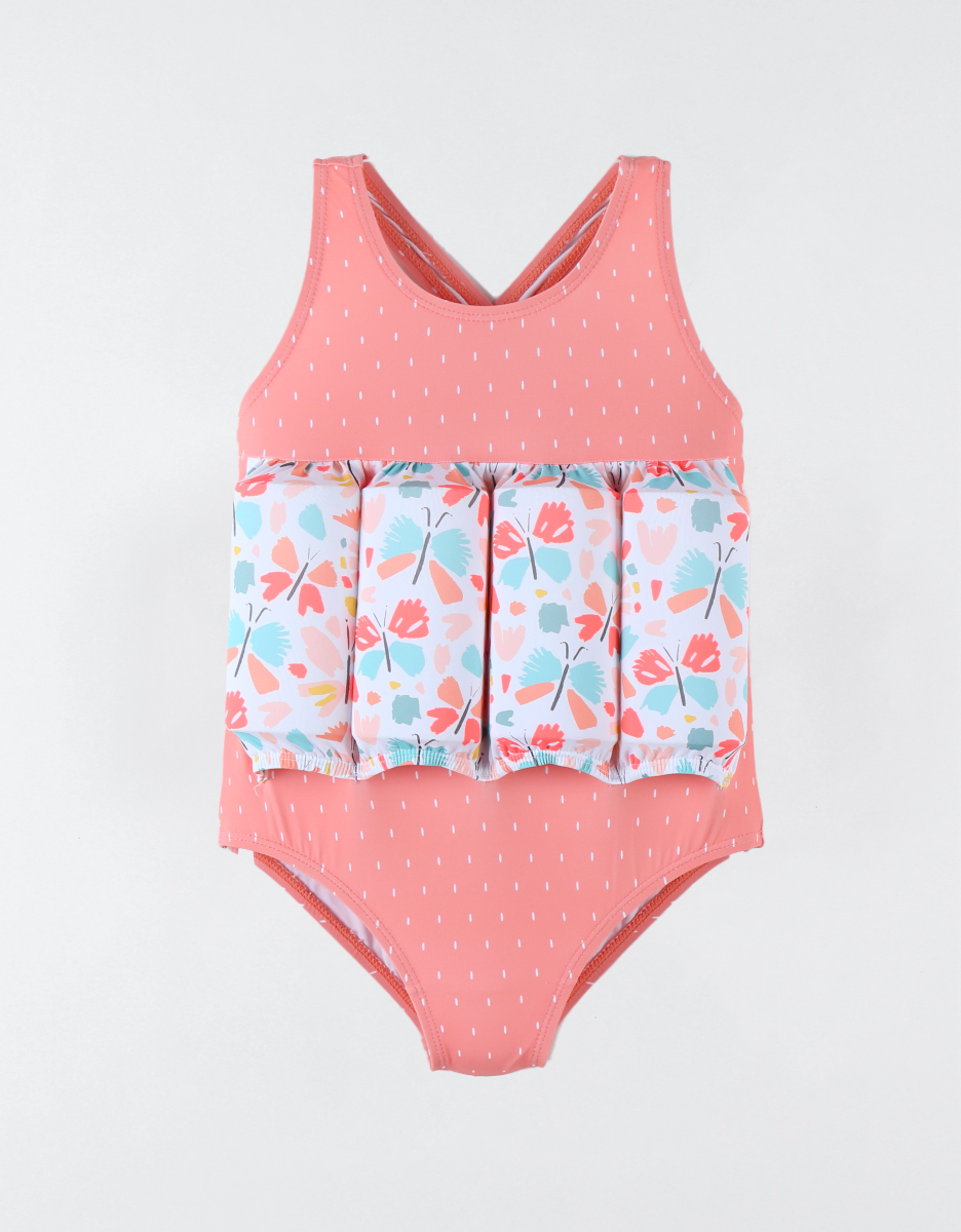 Floating suit with butterfly print, coral/aqua