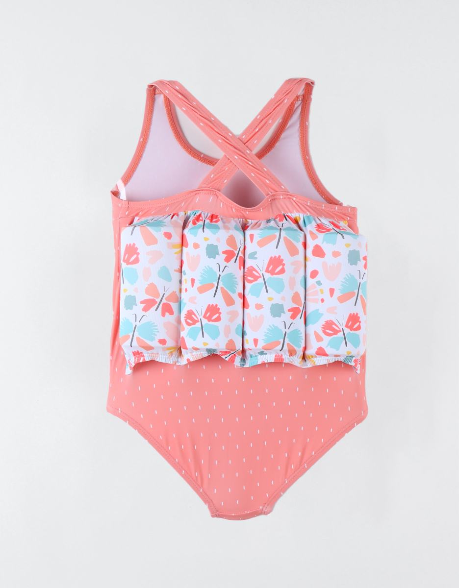 Floating suit with butterfly print, coral/aqua