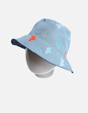 Reversible hat with cactus print, dark aqua/blue
