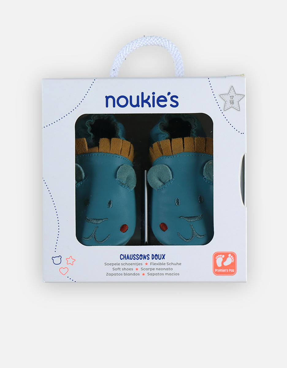 Leather slippers with lion, aqua