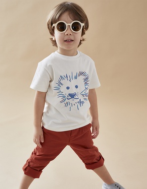 T-shirt met korte mouwen en leeuwenprint, ecru/blauw