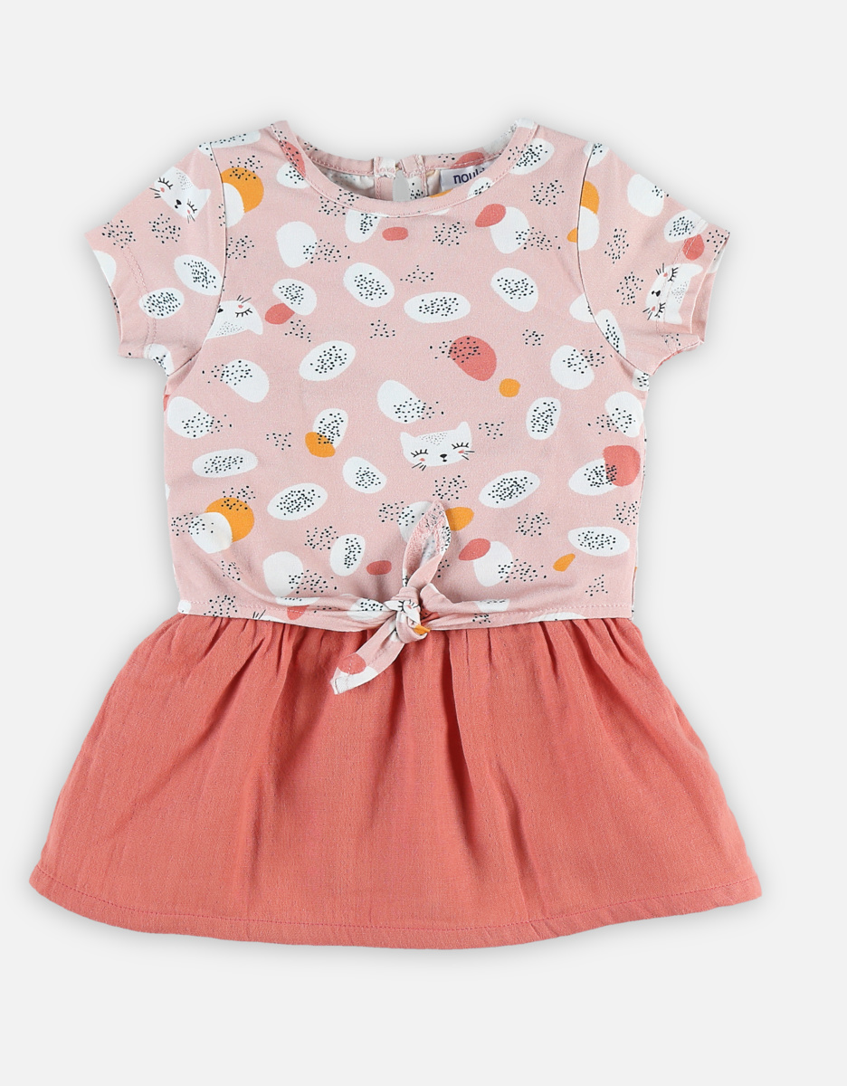 Bi-material muslin dress with short sleeves