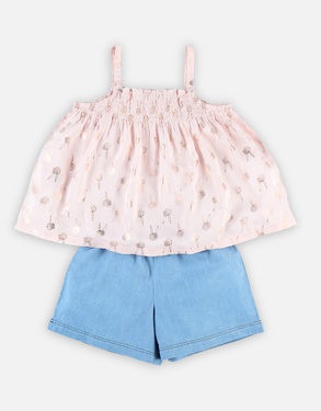 Pink blouse and denim shorts set