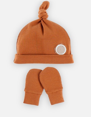 Organic cotton beanie and mittens set, camel