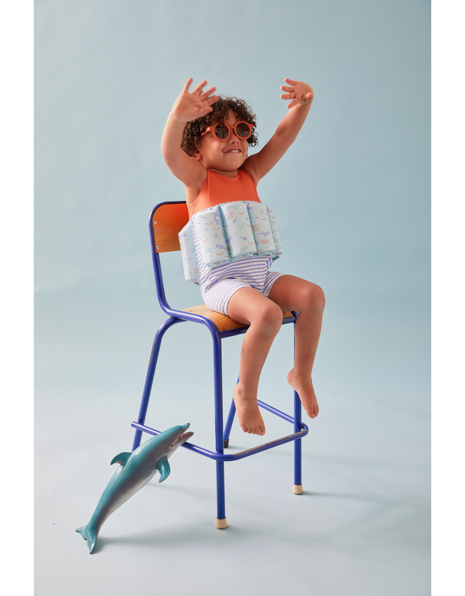 Floating suit with prints, orange/light blue