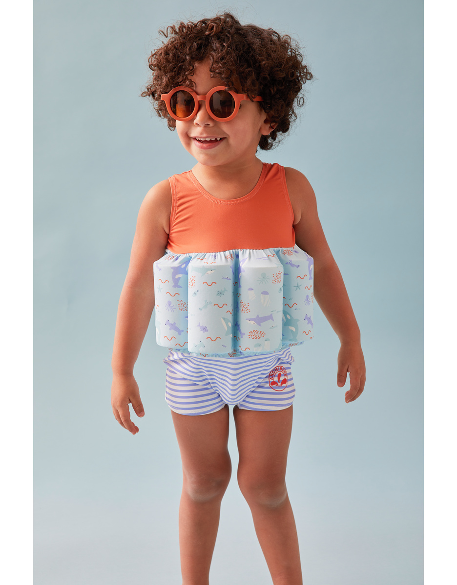 Floating suit with prints, orange/light blue