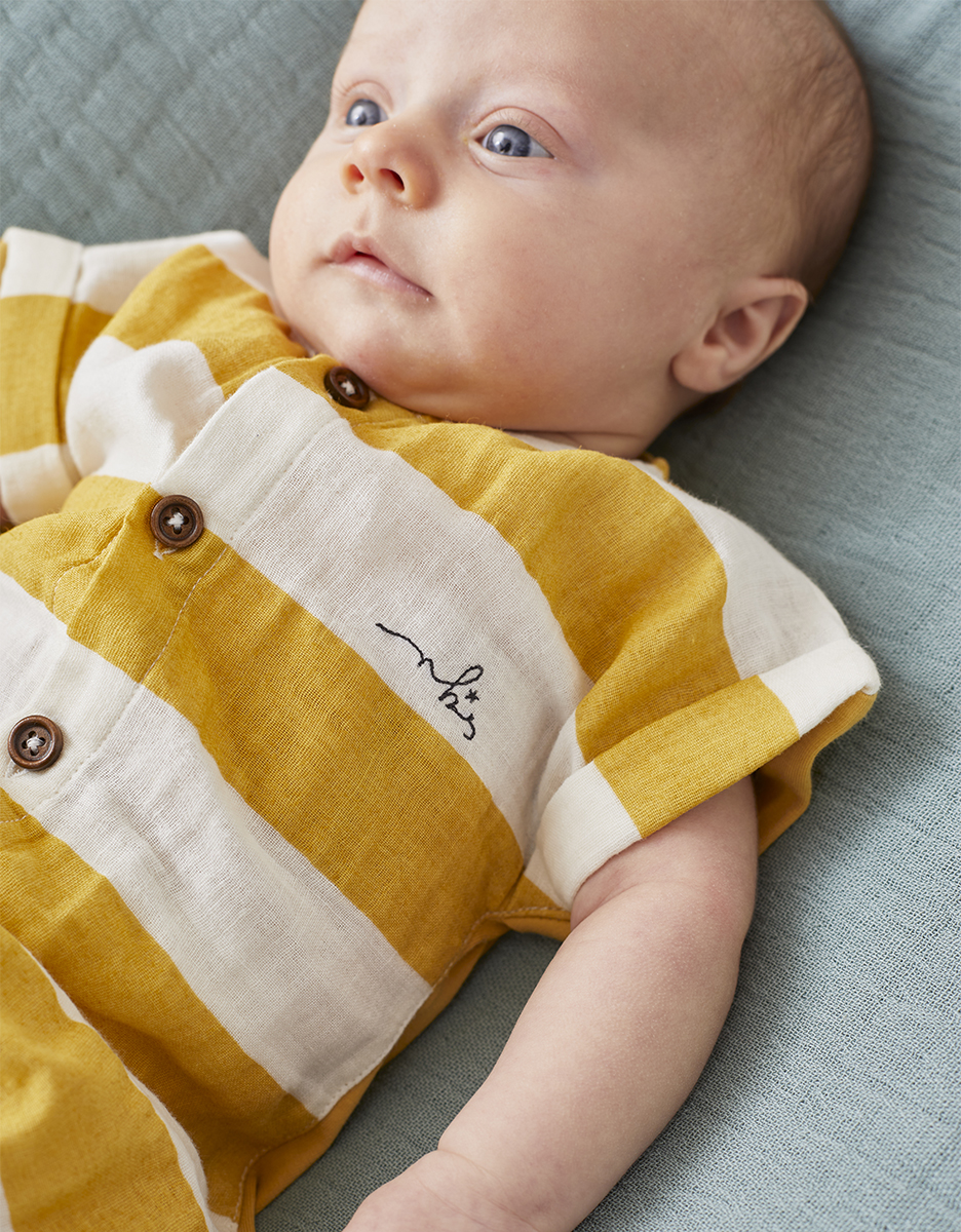 Organic cotton striped romper, yellow/off-white