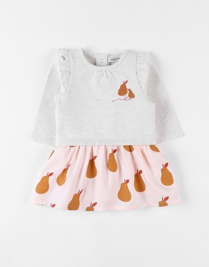 Light pink dress made of two materials with caramel-coloured pears