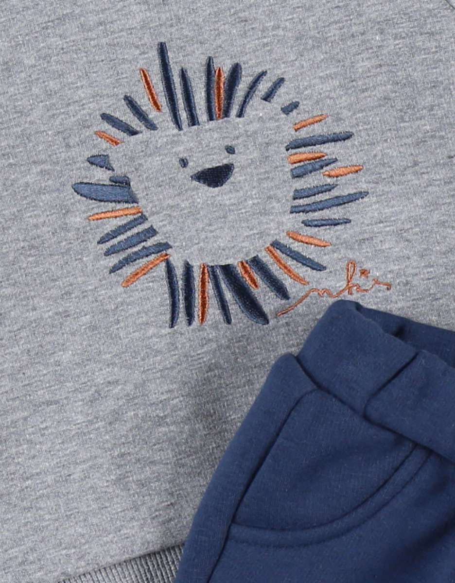 Setje met sweater met leeuw + joggingsbroek, gemêleerd grijs, gemêleerd donkerblauw